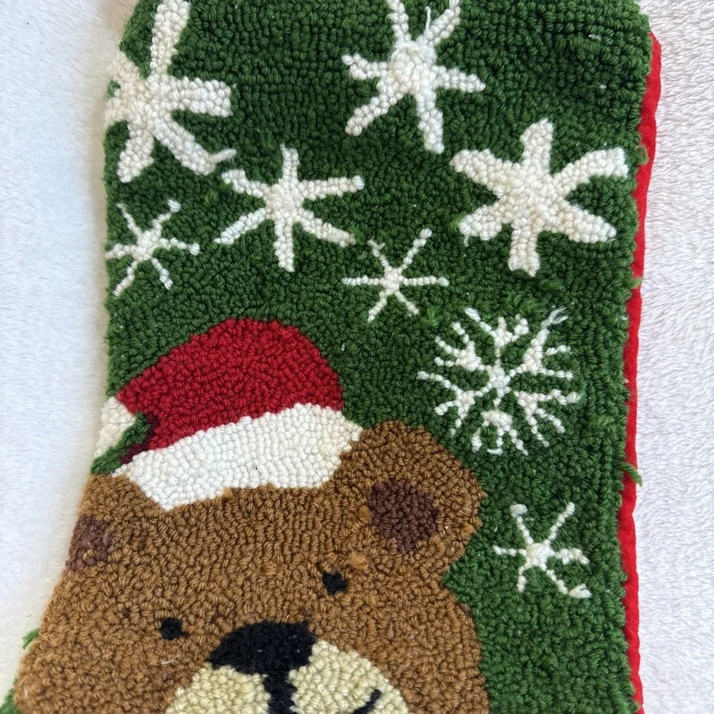 Vintage Style Hooked Wool Christmas Stocking Teddy Bear Santa Hat Snowflakes Red